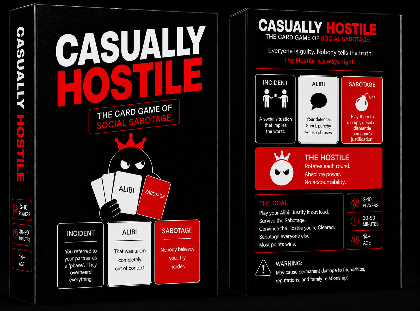 Casually Hostile box art showing front and back of the game box