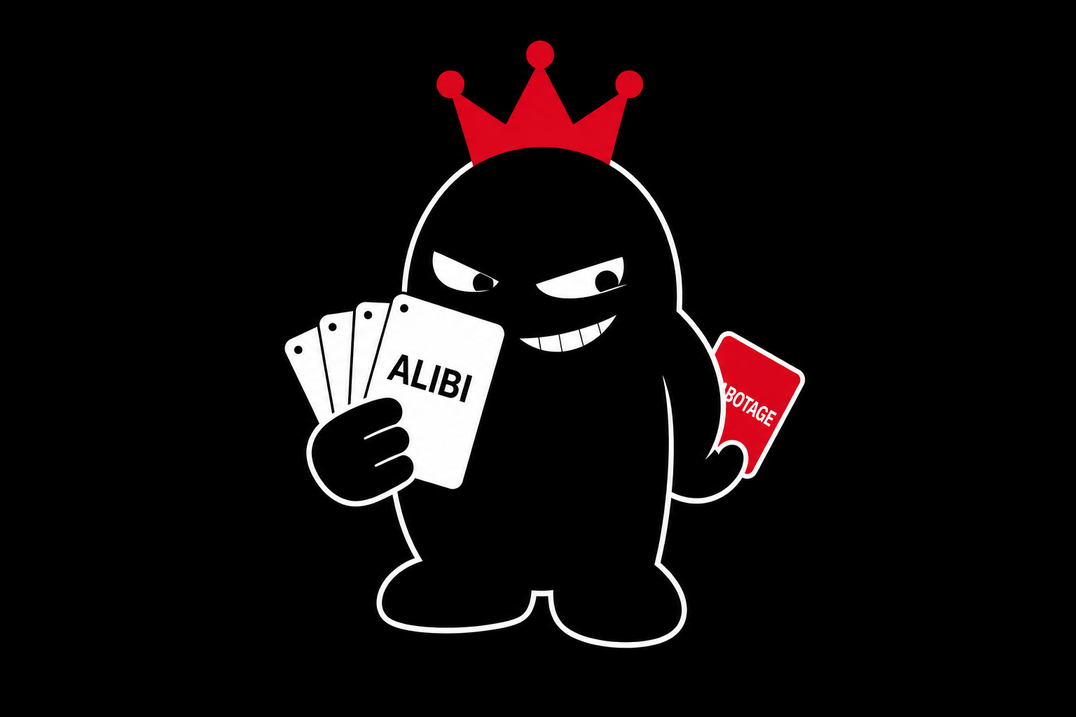 The Hostile mascot holding Alibi and Sabotage cards